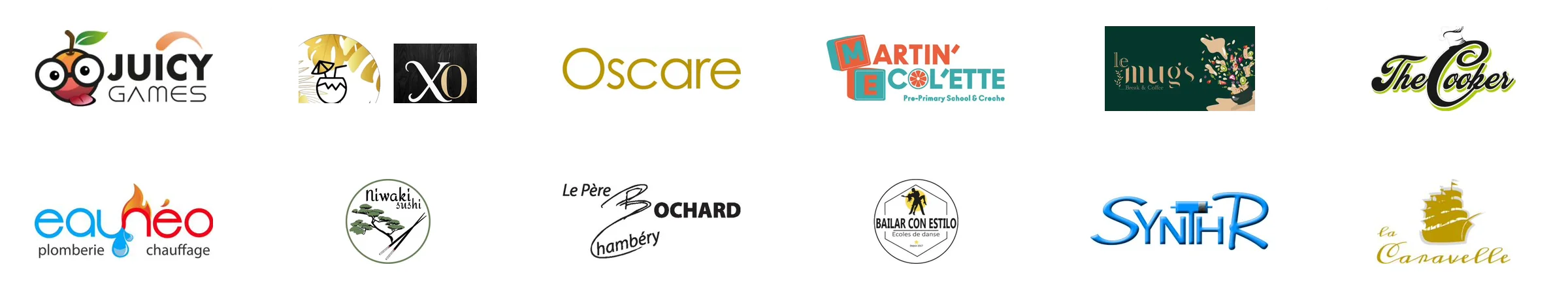 Logos clients : Juicy Games, groupe CocoChill et XO, Oscare, Martin'Ecol'ette, Le Mug's, The Cooker, Eaunéo, Niwaki Sushi, Le Père Bochard, Bailar con Estilo, SynthR, La Caravelle
